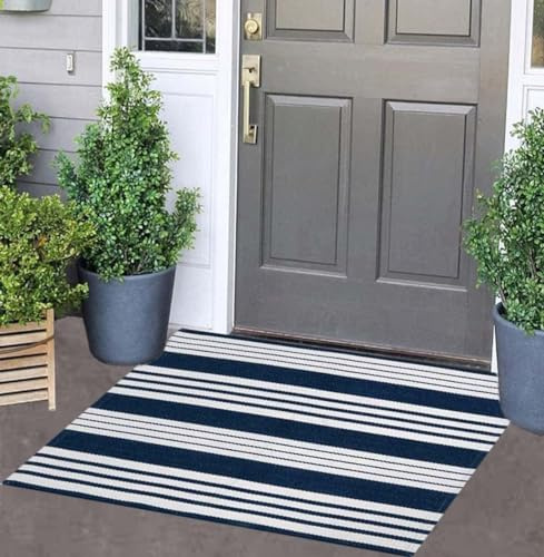 Blau und weiß gestreifte Fußmatte, 61 x 89 cm, maschinenwaschbar, für drinnen und draußen, Fußmatte für Veranda, handgewebter Eingangsbereich, Teppich für Wäsche/Badezimmer/Schlafzimmer