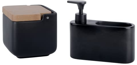 KOOK TIME Set de Accesorios de Cocina - Incluye Salero de Cocina con Tapa basculante de Bambú y Dispensador de Jabón con Hueco Guarda Estropajos para el Fregadero - Cerámica Negra Mate y Bambú