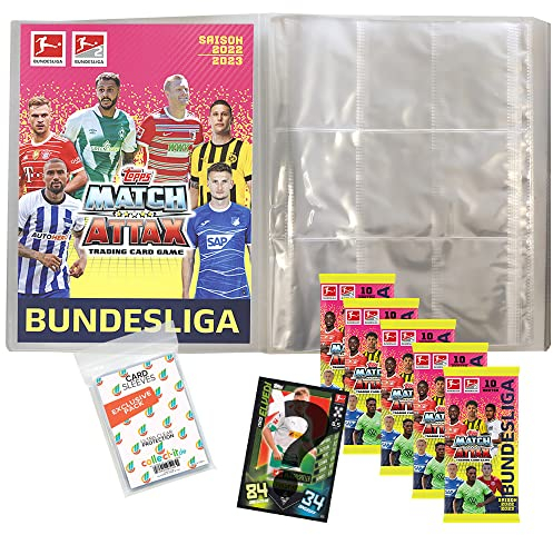 collect-it.de MY HOME OF CARDS + TOYS Exklusive Aufbewahrungshüllen im Bundle mit Topps Match Attax 2022/23-1 Leere Sammelmappe + 5 Booster + 1 seltene Nationalspieler Karte