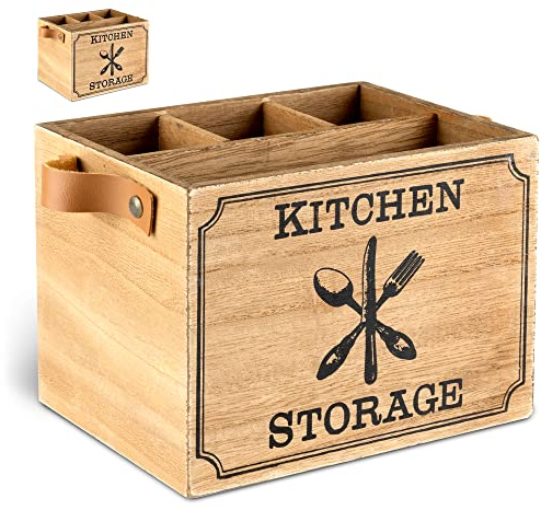Novaliv 2x Utensilienhalter Küche mit 4 Fächern und Ledergriffen/hochwertiger Besteckkorb Holz 17 x 12,5 x 12,5cm / Besteckkasten für Küchenutensilien oder als Dekoration