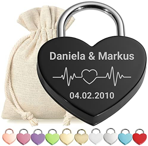 Herz Liebes-Schloss Bügelschloss Vorhängeschloss Graviert Schwarz - Motiv Herzfrequenz - personalisiert - weißer Stoffbeutel - Geschenkidee Valentinstag - Paar-Geschenk - jetzt gestalten