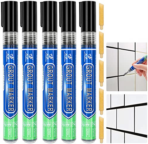 5 Pcs Tiles Grout Pen, Tile Grout Pen Black Wall Repair Pens, Tile Grout Reviver Pens for Tile Grout Wall Floor Bathrooms and Kitchen Restoring Grout Joints