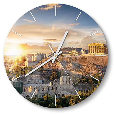 DEQORI Glasuhr | rund Ø 30 cm | Motiv Athener Akropolis | ausgefallene leise Design Uhr aus Glas | Wanduhr für Wohnzimmer & Küche | moderne Hingucker Uhr für die Wand