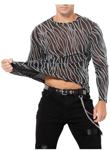 Casey Kevin Langarmshirts Herren Glitzer Muskel Transparent Hemd Tüll Mesh Shirts Freizeithemden Durchsichtig Oberteile Sexy Party Outfit Netz T-Shirt