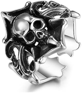 Vintage Skull heads Pirate Open Rings Sterling Silver Plated Punk Statement Sailor Death Halloween Cocktail Party Biker Adjustable Ring for Men Boys Women Comfort Fit Fashion Jewelry Gift Father