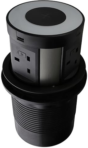 Desk Power Pop-Up 4 Fused UK Sockets 2x USB-A 2x USB-C Qi Wireless Charger Black