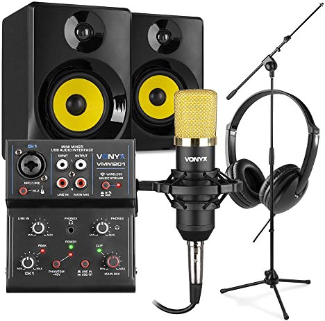 VONYX CM400B Complete Home Recording Studio Kit with Studio Recording Microphone, 4 Active Monitors, USB Mixer, Headphones and Boom Arm Stand - Home Studio Kits for Music Production