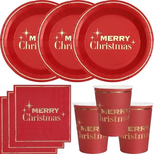 Playflip Vaisselle jetable de Noël pour fête de Noël, assiettes, gobelets, serviettes, rouge et or, 700 pièces
