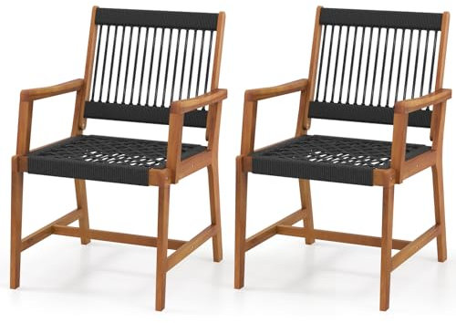 GYMAX Set di 2 Sedie in Legno di Acacia, in Corda Resistente, da Giardino, Terrazza, Balcone