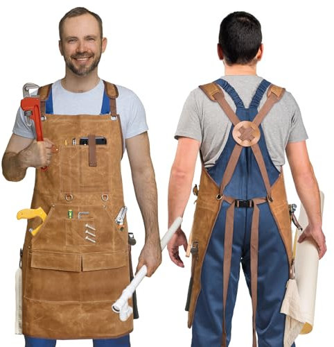 Wachstuch Schürze Herren Tischler - 22oz Verstellbare Werkstatt Schürze, Leinen Schürze Schweißer Für Herren und Damen,Mit 9 Taschen&Kreuzgurten, Schwere Wachstuch Arbeitschürze Für Männer (Khaki)