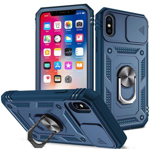 XYZNTMF for iPhone X Case iPhone XS Phone Case with Slide Camera Cover Rotatable Kickstand Case Military Grade Shockproof Soft Silicone Bumper Hard PC Anti-Scratch Phone Case for iPhone X/XS, Blue