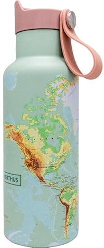 NERTHUS FIH 1333 Botella Deportiva CLICK & DRINK! de Doble Pared de 500 ml con Tapón de Clic, Hidratación y Estilo en un Diseño Premium Mapa