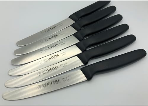 Giesser Messer - Made in Germany - 6er Set Brötchenmesser Tomatenmesser Küchenmesser Allzweckmesser Universalmesser Gemüsemesser glatter Schliff Klingenlänge 11cm (Schwarz - glatte Schneide)