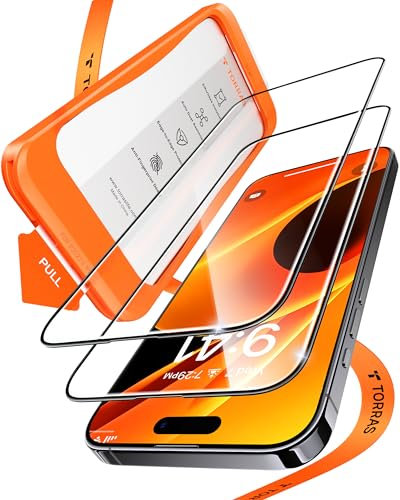 TORRAS 2 Pack for iPhone 16 Screen Protector, Full Screen Coverage Tempered Glass, 12FT Military Shatterproof, 9H Hardness No Bubbles No Dust, Easy Installation Screen Protector for iPhone 16 HD Clear