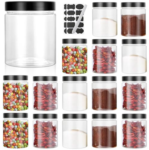 GBACHOOSE 16 Stück Vorratsdosen mit Deckel Luftdicht 500ml, Kunststoffgläser mit deckel, Transparenter Plastikdosen mit Deckel, Etiketten, Stift für Nüsse, Gewürze, Nudeln, Süßigkeiten, Gemüse