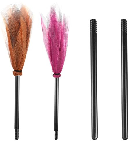 PEUTIER 2pcs Halloween Witch Broom, Plastic & Mesh Broomstick for Halloween Costume, Masquerade Show, Dress-up Dance Party (Red, Orange)