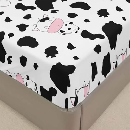 Mateju Cow Print Fitted Sheet for Single Double King Size Bed, Fashion Microfiber Fitted Bed Sheets Soft Breathable Fade Resistant, Deep Pocket 30cm, No Pillowcases (Double,Style A)