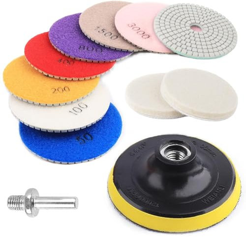 11PCS Wet/Dry Diamond Polishing Pads Kit, 4 inch Polisher Wheel Disc for Granite Stone Concrete Marble Grinding Discs Set, 50-6000 Polishing Grit Pads for Grinder Polisher