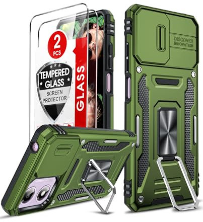LeYi for Motorola Moto E14 / G04 / G24 / G04s Phone Case, 2 Pack Screen Protectors, Camera Lens Slider, Ring Stand Holder, Heavy Duty Protective Shockproof Mobile Cover for Moto E 14 / GO4, Green