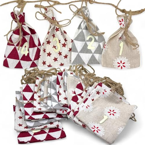 MIJOMA Adventskalender zum Befüllen – 24 Baumwollsäckchen mit Filzzahlen und Juteschnur, Weihnachtskalender Stoff und Jute, 9x11 cm, verschiedene Farben, DIY-Adventskalender (Rot/Grau Dreiecke)