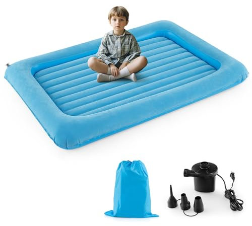 LIFEZEAL Kinder Luftbett, Aufblasbares Kinderbett für Kinder, Tragbares Kinderbett mit Tasche, elektrischer Pumpe, Reparatur-Set, Max. 150 kg, 165 x 118 x 20 cm (Hellblau)
