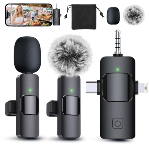 PQRQP 3 in 1 Professional Wireless Lavalier Microphone for iPhone/Android/Camera, Wireless Microphones, Mini Microphone, Crystal Clear Sound Quality for Recording, Live Streaming, Clips-Elegant Black