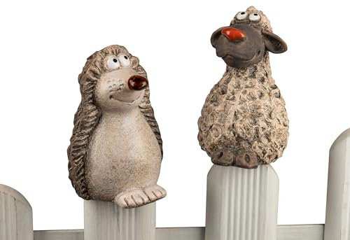 formano Zaundeko 2er-Set Igel und Schaf 17 cm Figur Steinzeug handbemalt Lustige Zaunfiguren für Garten Balkon Terrasse wetterfest Sommerliche Gartendeko zum Aufstecken