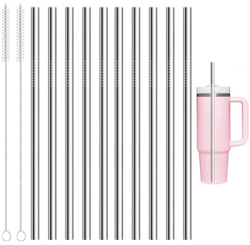 10Pcs Replacement Metal Straws for Stanley Iceflow Flip Straw Water Bottle, 20.5cm Stainless Steel Straw for Stanley Iceflow 30oz with 2Pcs Brush for Beer, Cocktail, Tea, Soda, Smoothie