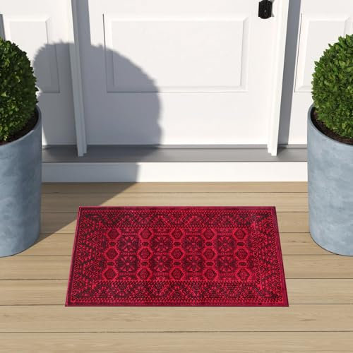 cozily® Back Door Mats Indoor With Jute Back, Vintage Rug - Arta 60 x 110 cm Red - Washable Rugs For Kitchen, Bedside Rugs and Entrance Door Mat