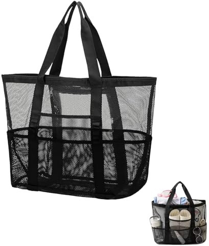 45*39cmSchwarz Netztasche sandspielzeug,Netztasche Strand Sandspielzeug Tasche,Duschtasche Camping Tasche für Atmungsaktive Mit Kompaktem Design,Sandtasche Strandtasche Netz für Strand Spielplatz Park