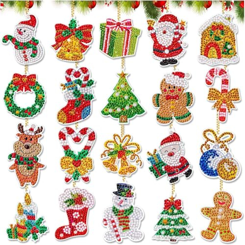 LZMDISU Christmas Diamond Art Painting Ornaments, 20 Pcs Diamond Art Painting 5D Keychains Ornaments, Xmas Santa Claus Snowman Drill Pendant for DIY Key Ring Phone Charm Decor