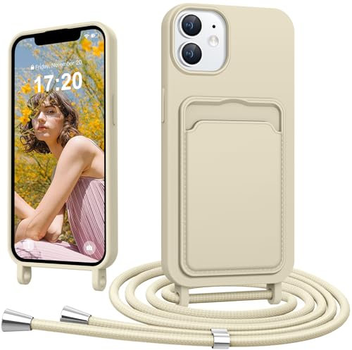HuwaiH Handykette für iPhone 12, iPhone 12 Pro Hülle mit Band, Silikon Handyhülle mit Kartenfach, mit Abnehmbar Kordel Kette zum Umhängen, Lanyard Phone Cover für iPhone 12/12 Pro, Beige