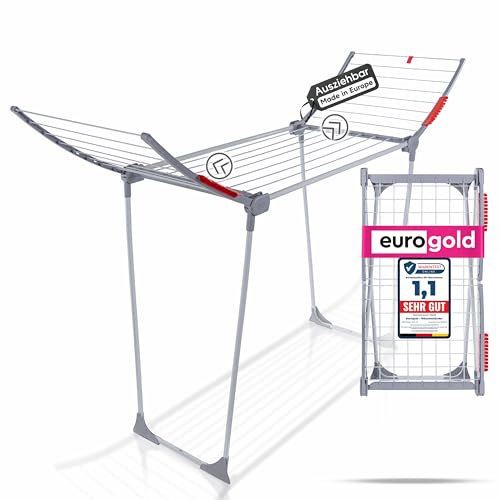 EUROGOLD® Wäscheständer klappbar [18M TROCKENLÄNGE] - Premium Trockner (Made in Europe) - Extra Stabiler Wäschestockner platzsparend - Balkon/Garten - Clothes Drying Rack