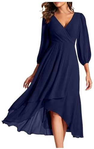 Chiffonkleid Damen Festlich Kleid Hochzeitsgast Vorne Kurz Hinten Lang Abendkleider Elegant Für Hochzeit Cocktailkleid Midi Plissee Chiffon Kleider A Linie Ballkleid V Ausschnitt 3/4 Ärmel