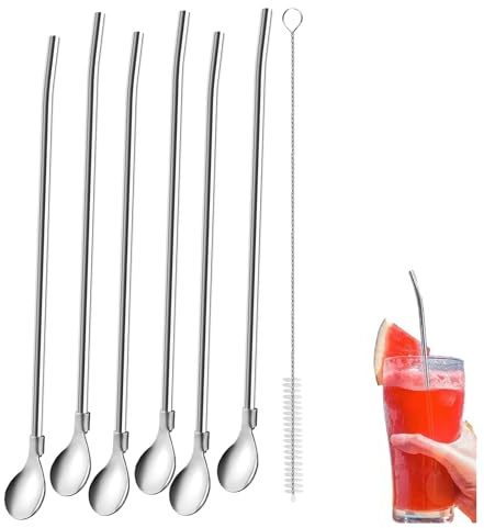 Cucchiaio Cannuccia,6 PCS Riutilizzabile Cucchiai per Cannuccia in Acciaio Inox Con Spazzola Lunga per shaker 2 in1 Cucchiaio di Paglia per Cocktail Frappè Succhi Tè