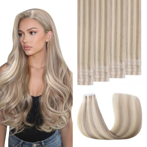 Sweetmet 3rd-Generation Invisible Tape Extensions Echthaar für Frauen | Pro3.0 Unsichtbare Farbe #18p613 Aschblond Highlight Gebleichtes Blond Remy Tape in Haarverlängerungen Echtes 45cm 40g