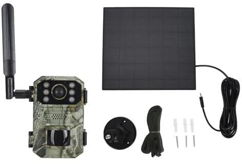 BAFOVY Fototrappola 4K 4G LTE per Caccia e Fauna Selvatica 14 MP, Grandangolo 120°, Rilevamento del Movimento, Visione Notturna IP66 con Pannello di Ricarica Solare per L’app UCON