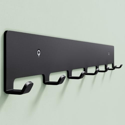 Mai & Mai Kleiderhaken 30cm, Hakenleiste mit 5 Garderobenhaken Schwarz | Garderobenleiste zum Kleben oder Bohren, Klebehaken extra stark und Wandgarderobe für Bad Küche Flur Schlafzimmer, Stalo-17