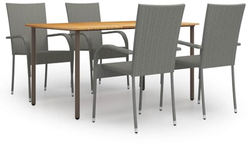 KGHFDVB 5-TLG. Garten-Essgruppe Poly Rattan Grau mit massivem Akazienholz Esstisch und 4 Stühlen, Stahlrahmen mit PE-Rattan geflochten, stapelbar, max. 110 kg pro Sitzplatz