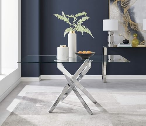 Furniturebox UK Glass Dining Table - Leonardo 6 Seater Silver Chrome Leg Rectangular Tempered Glass & Metal Modern 150cm x 90cm