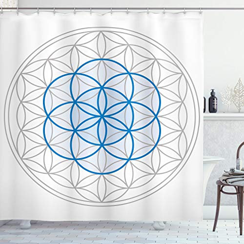 ABAKUHAUS Blume des Lebens Duschvorhang, Oval Knot, Stoffliches Gewebe Badezimmerdekorationsset mit Haken, 175 x 220 cm, Warm Taupe Blau