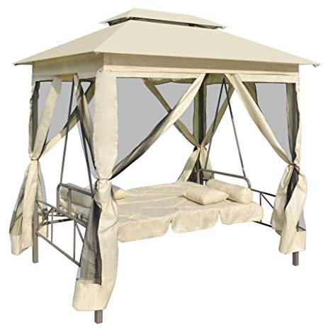 Tidyard Pavillon Schaukelstuhl Hollywoodschaukel Gartenschaukel mit Bettfunktion Stahlrahmen Max. Tragfähigkeit 240 kg 220 x 160 x 240 cm Cremeweiß