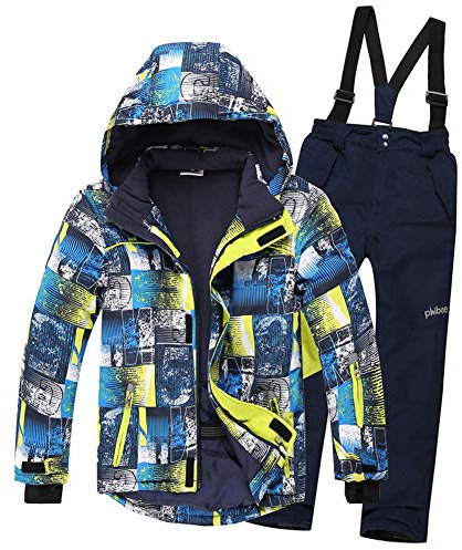 LSHEL Combinaison de Ski pour Enfants Garçons Filles Coupe-Vent Imperméable Épaissir Chaud Extérieur Pantalon en Coton en Plein air Veste de Ski, Bleu, 11-12ans,146/152