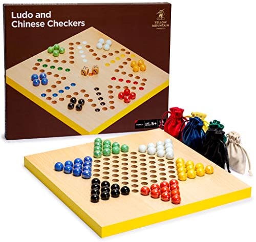 Yellow Mountain Imports 2-in-1 Wendbares Ludo- und Chinesische Dame Halma Brettspiel fr 2-6 Spieler ab 8 Jahren - 30,2 x 30,2 x 2 cm, Holz und Glasmarmor, 60 Spielsteine in 6 Farben