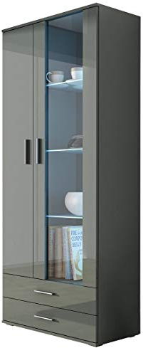 Vitrine mit Blauer LED Beleuchtung SOHO S6 Vitrinenschrank Standvitrine Stauraumvitrine Glasvitrine Schrank Wohnzimmerschrank (Grau/Grau Hochglanz)