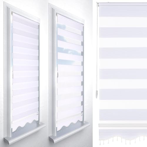 Brillant® Doppelrollo ohne Bohren Klemmfix 80x200cm Weiß – Duo Rollo Zebra mit Streifen – Lichtdurchlässig & Blickdicht – Stoffbreite 77cm – Fensterrollo für Türen & Fenster – Made in Germany