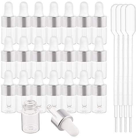 BENECREAT 30 Pack 2ml Clear Glass Dropper Bottle Eye Essential Oil Bottles with Silver s and 4PCS Plastic Dropper for Aromatherapy Cosmetics Samplep