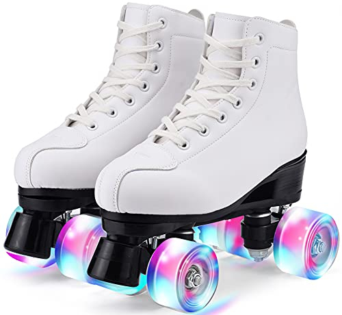Damen Klassische Retro Rollschuhe,Rollschuhe mit Vier Rollen in Doppelreihe,Classic Roller, Rollschuhe für Kinder,LED Rollschuhe, ideal für Anfänger, komfortable Roller-Skates (38, Weiß)