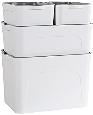 RMAN 4 Set Scatole da 25L/15L/5L Scatole Plastica con Coperchio Impermeabile Impilabili Scatola Porta Oggetti per Cucina, Camera da Letto, Bagno, Ripostiglio, Bianco