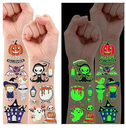 Leesgel Decorazioni Halloween, 10 Fogli Luminosi Tatuaggi per Bambini Scheletro/Vampiro/Zucche/Fantasma, Adesivi Gadget Festa Compleanno Bambini Regalo Accessori Party